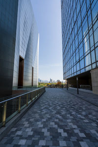 Modern buildings in city against clear sky