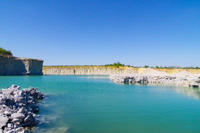 Scenic view of sea against clear blue sky