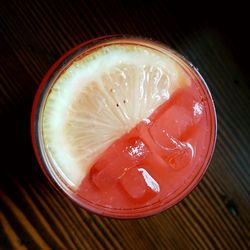 High angle view of drink in glass on table