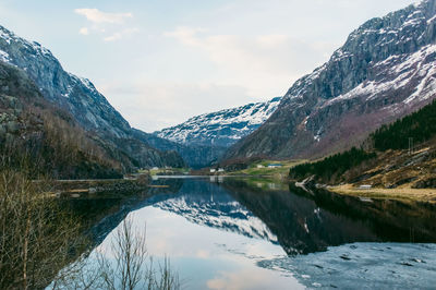 Scenic view of lake with mountains in background