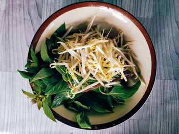 High angle view of leaves in bowl on table