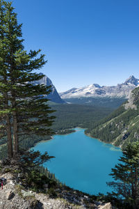 Scenic view of lake and mountains against clear blue sky