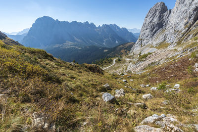 Scenic view of mountains against clear sky