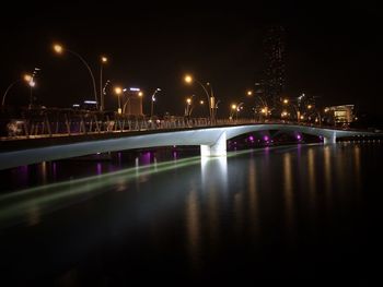 Illuminated bridge over river in city at night