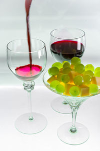 Close-up of wine glasses on table