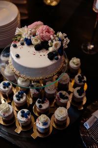 High angle view of cupcakes on table