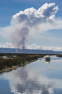 Boat at the floating islands on the titicaca lake close to puno