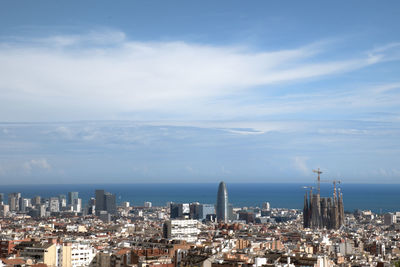 Aerial view of buildings in city against sky