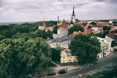 High angle view of townscape against sky in city