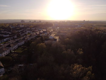 High angle view of townscape against sky during sunset