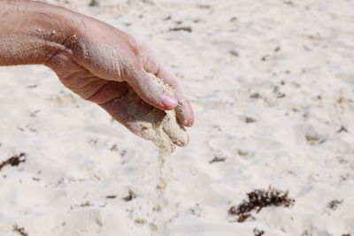 Cropped image of hand pouring sand at beach