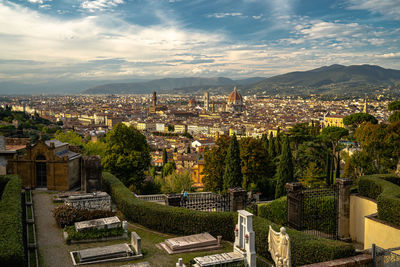 High angle view of townscape against sky in city of florence, sunset, against cloudy sky