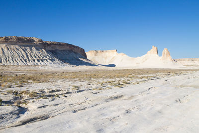 Scenic view of desert against clear blue sky