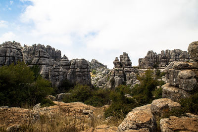 Rock formations on landscape against sky