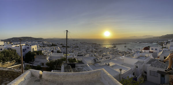 High angle view of city at sunset - mykonos, greece