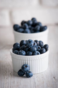 Close-up of blueberries in bowl on table