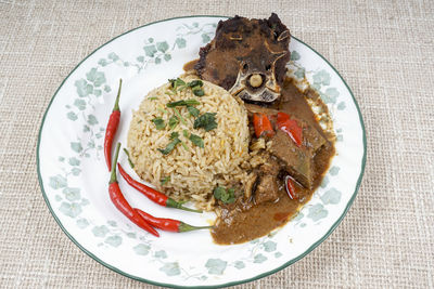 High angle view of food in plate on table