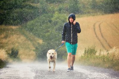 Man walking with dog on road during rainy season