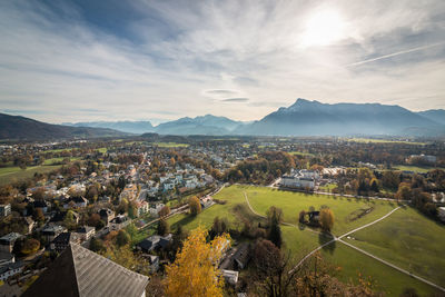 High angle view of townscape against sky