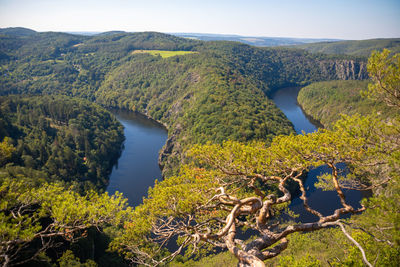 High angle view of lake and mountains