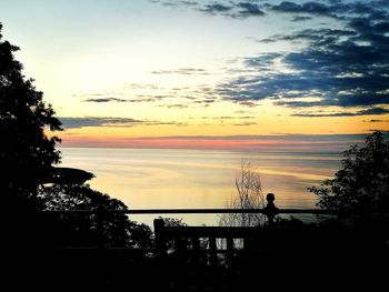 Silhouette man standing by sea against sky during sunset