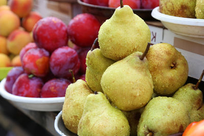 Pears on the local farm market, eco fruits, juicy products.shopping organic products.healthy grocery