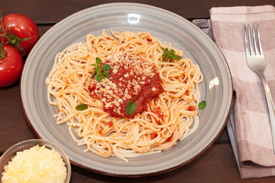 High angle view of food in plate