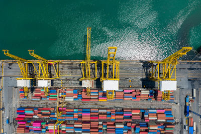 High angle view shipping containers cargo logistics transportation international open sea 