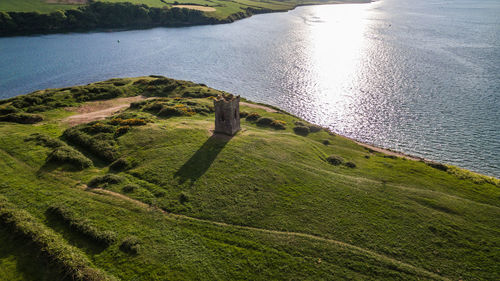 High angle view of field by river on sunny day