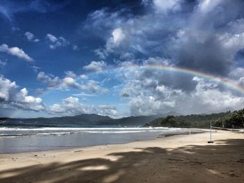 Scenic view of beach against cloudy sky