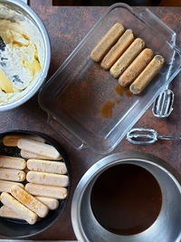 High angle view of breakfast served on table