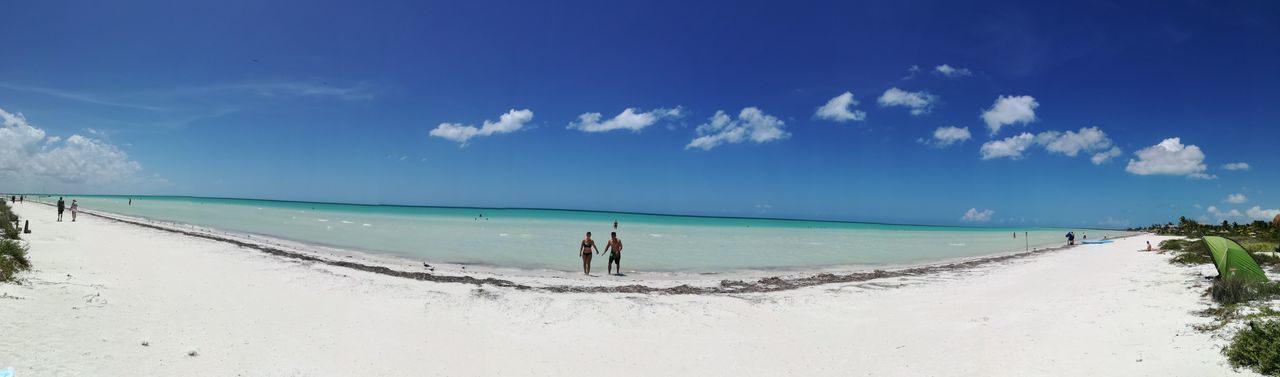 REAR VIEW OF PEOPLE ON BEACH AGAINST BLUE SKY