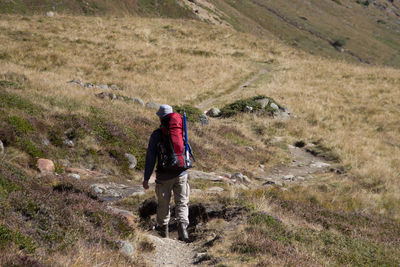 Rear view of man walking on mountain