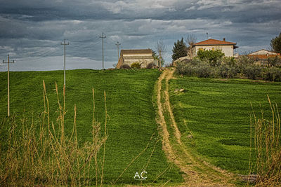 Scenic view of farm against sky