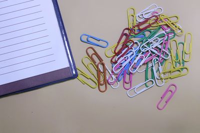 High angle view of multi colored pencils on table