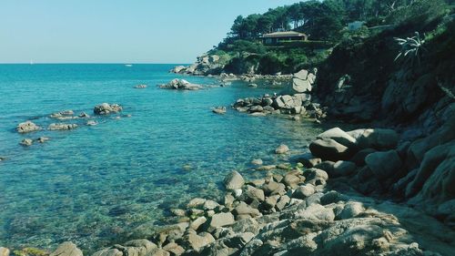 Scenic view of sea against clear sky