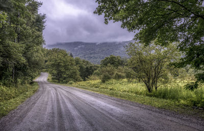 Country road amidst trees and plants against sky