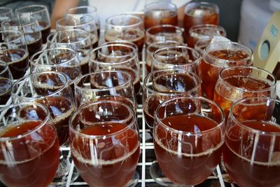 High angle view of wineglasses on table