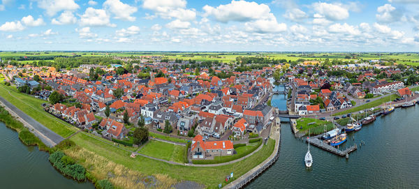 Aerial panorama from the town makkum in frieland the netherlands