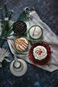 High angle view of cupcakes on table