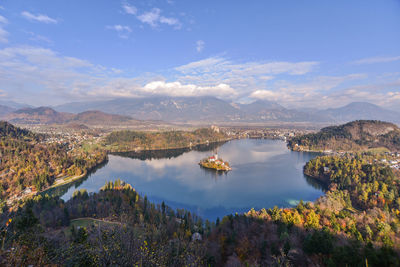 Scenic view of lake and mountains against sky