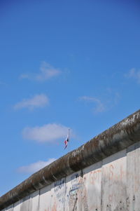 Low angle view of bird on wall against blue sky