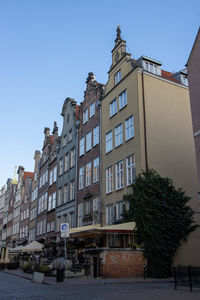 Low angle view of buildings against clear blue sky