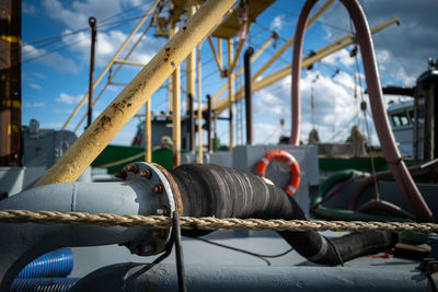 Close-up of machinery on bridge against sky