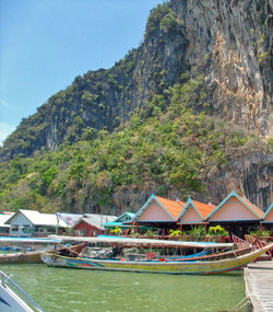 Scenic view of sea by mountains against sky