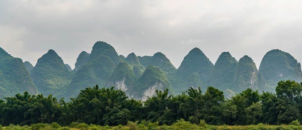 Panoramic view of trees and mountains against sky