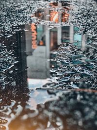 Close-up of reflection on building in winter