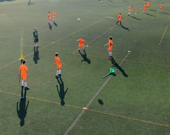 High angle view of people playing soccer