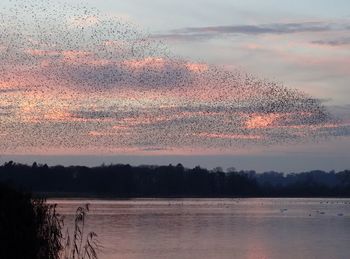 Scenic view of lake against sky at sunset