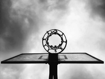 Directly below shot of basketball hoop against cloudy sky